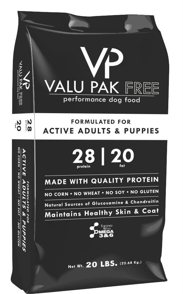 Valu Pak Free Performance Dog Food for Active Adults &amp;amp;amp; Puppies – 28% Protein, 20% Fat (20 lb / 9.07 kg)