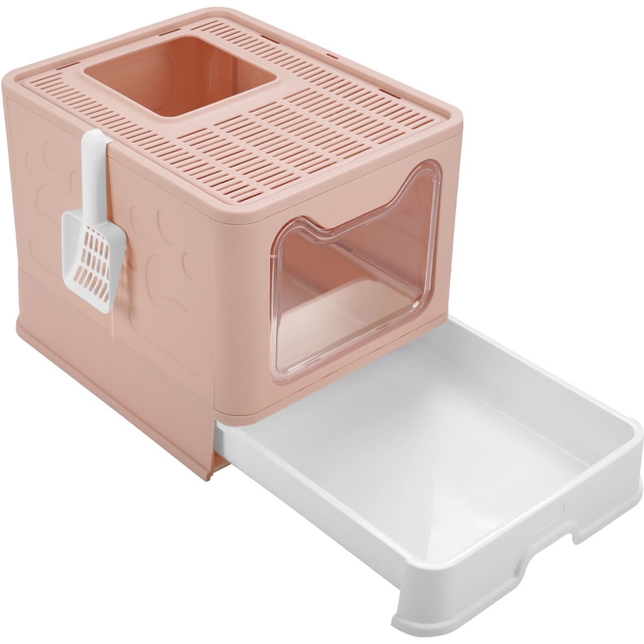 Enclosed Cat Litter Box with Pull-Out Tray, Scoop &amp;amp; Transparent Front Door – Odor-Control Cat Toilet